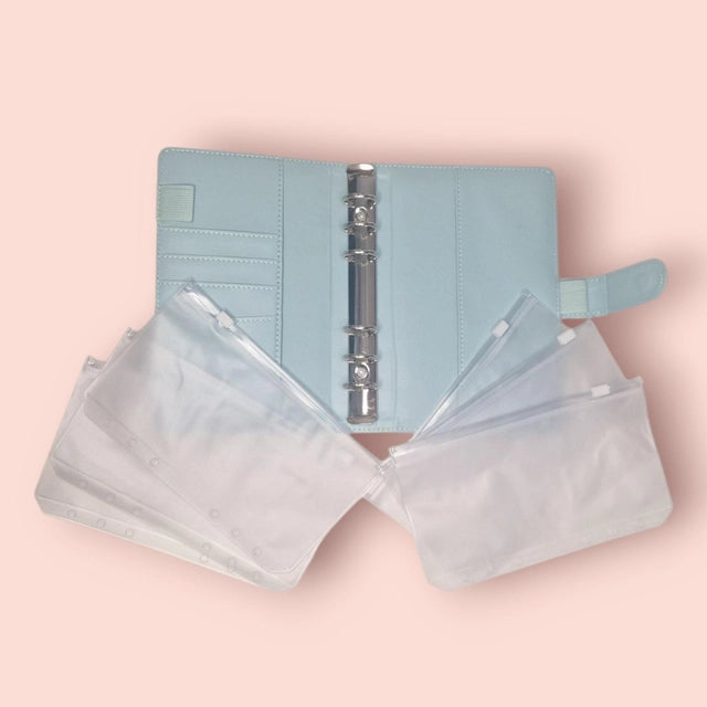 Classeur A6 bleu avec 6 enveloppes zip personnalisées