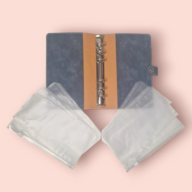 Classeur A6 bleu velours avec 6 enveloppes zip personnalisées