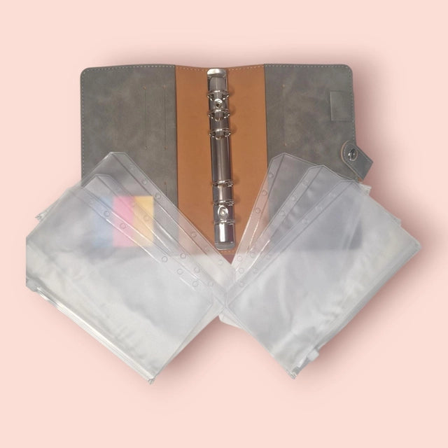 Classeur A6 gris velours avec 6 enveloppes zip personnalisées