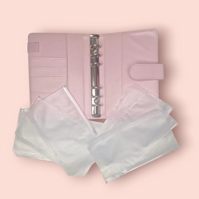 Classeur A6 rose avec 6 enveloppes zip personnalisées