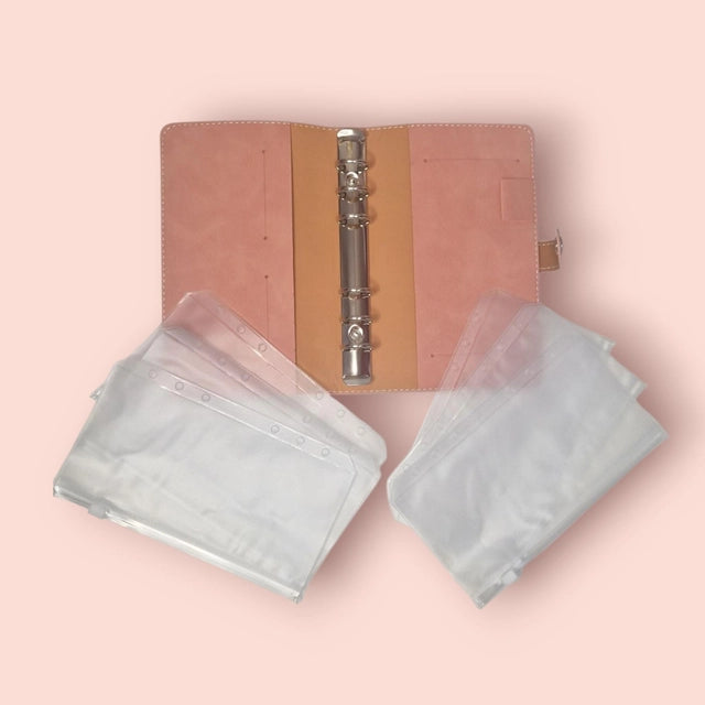 Classeur A6 rose velours avec 6 enveloppes zip personnalisées