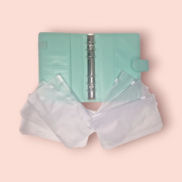 Classeur A6 vert avec 6 enveloppes zip personnalisées