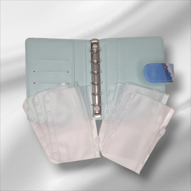Classeur A7 bleu avec 6 enveloppes zip personnalisées