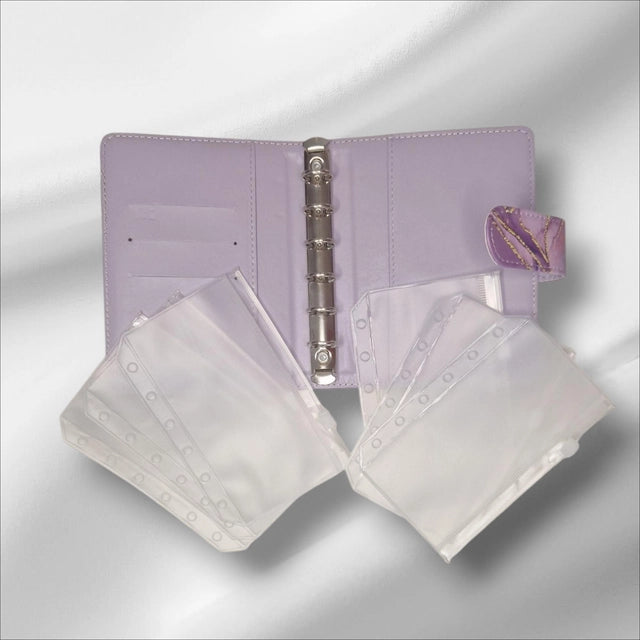 Classeur A7 violet avec 6 enveloppes zip personnalisées