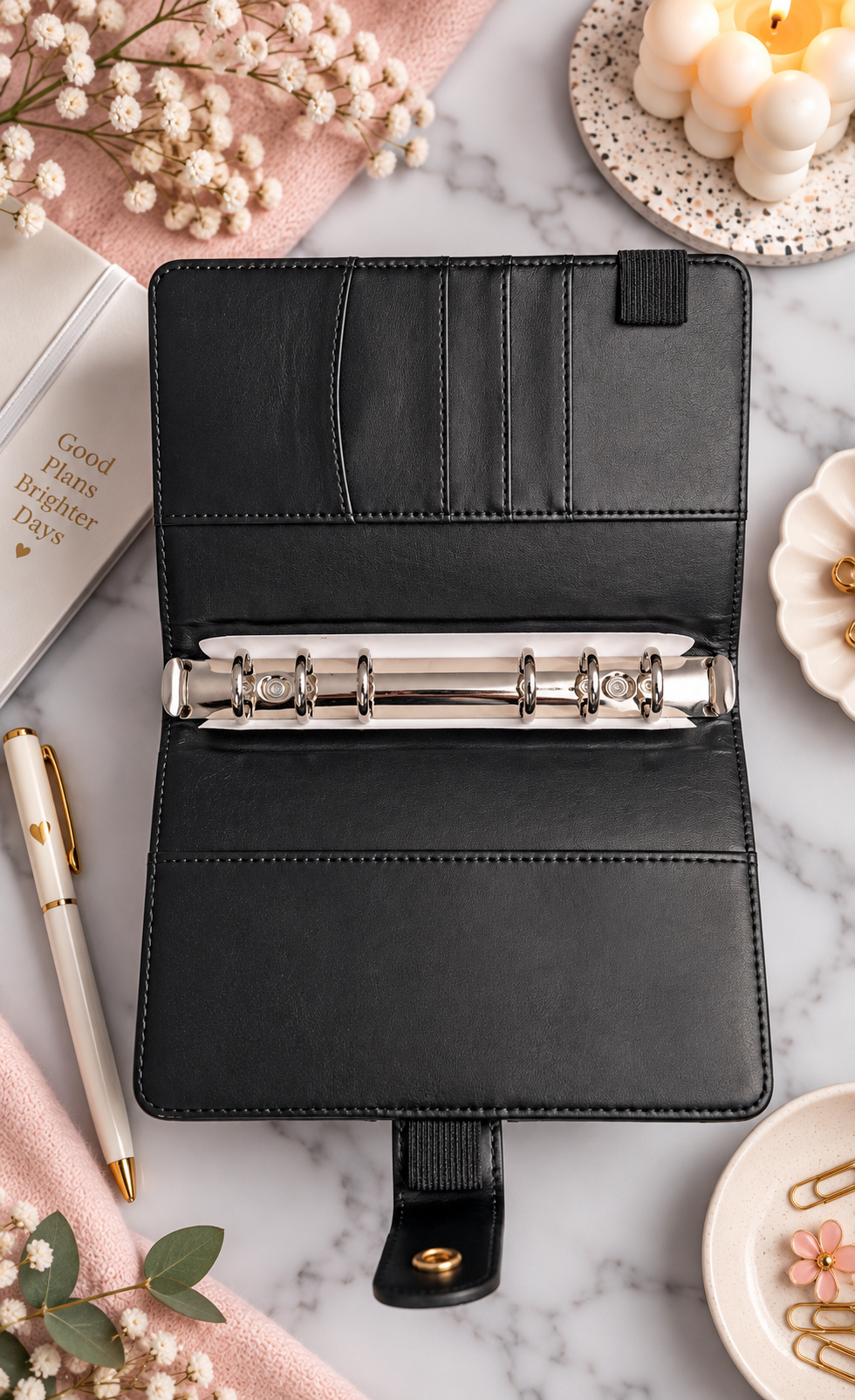 Classeur A6 noir avec 6 enveloppes zip personnalisées