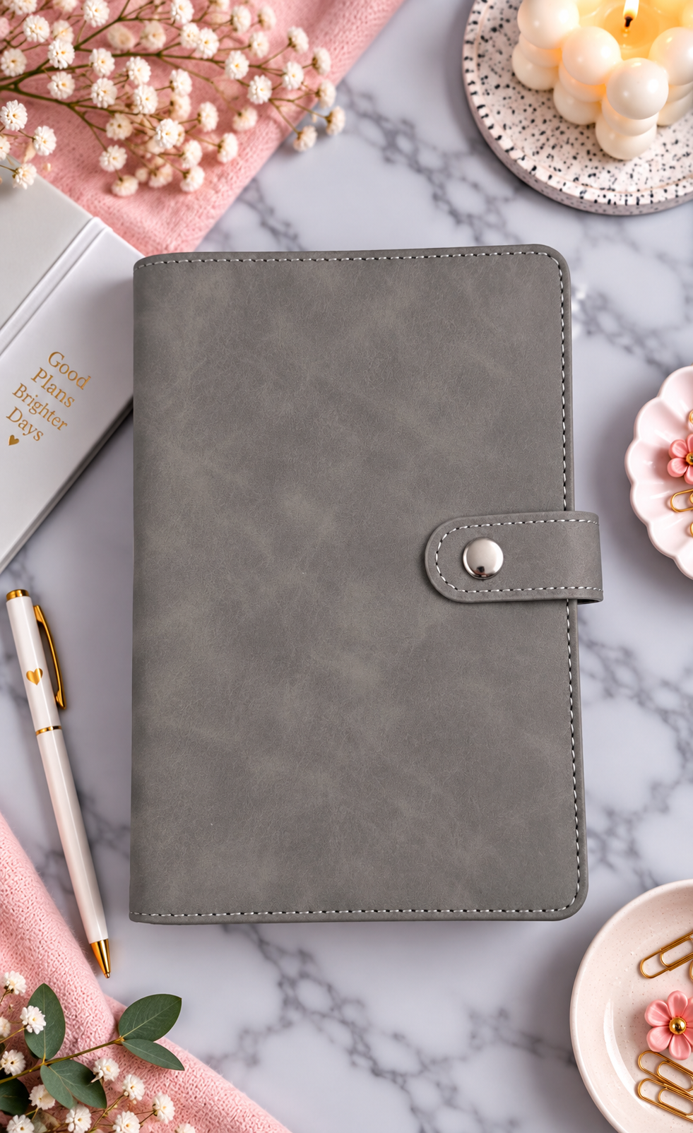 Classeur A6 gris velours avec 6 enveloppes zip personnalisées