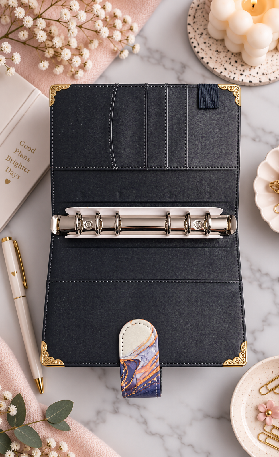 Classeur A6 noir/bleu avec 6 enveloppes zip personnalisées