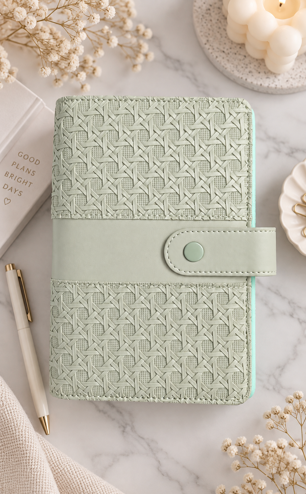 Classeur A6 vert avec 6 enveloppes zip personnalisées