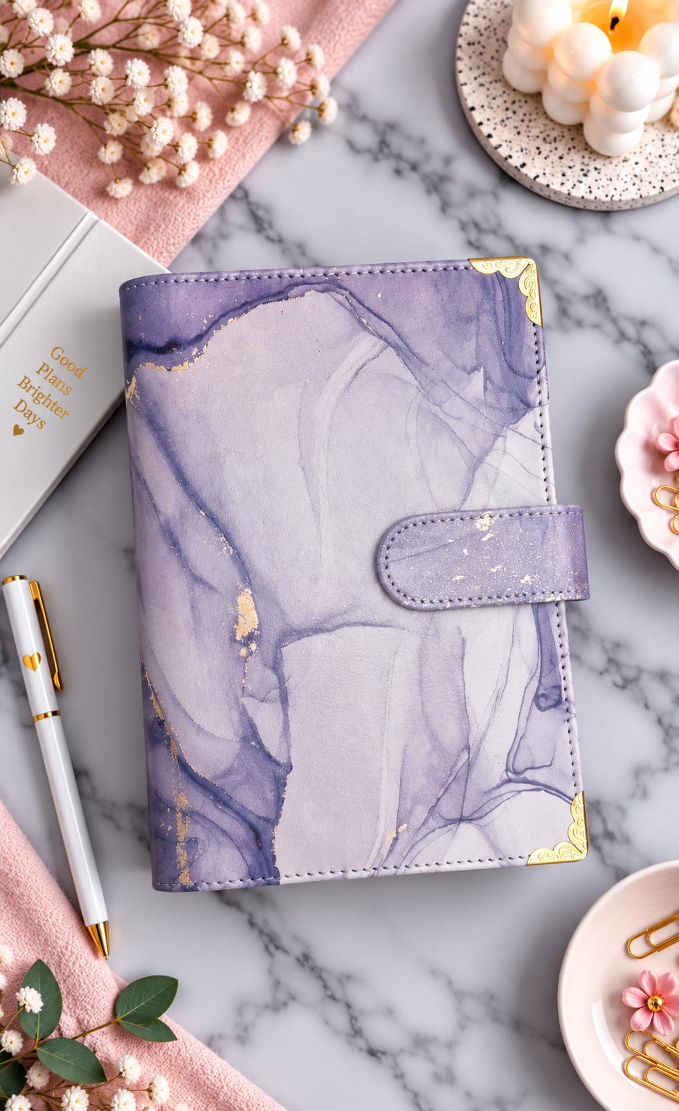 Classeur A6 violet avec 6 enveloppes zip personnalisées