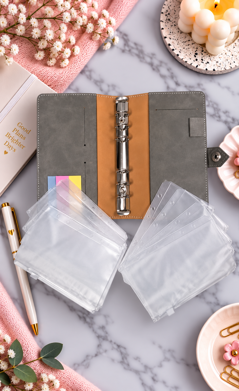 Classeur A6 gris velours avec 6 enveloppes zip personnalisées