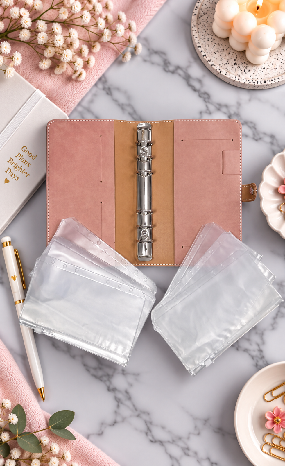 Classeur A6 rose velours avec 6 enveloppes zip personnalisées