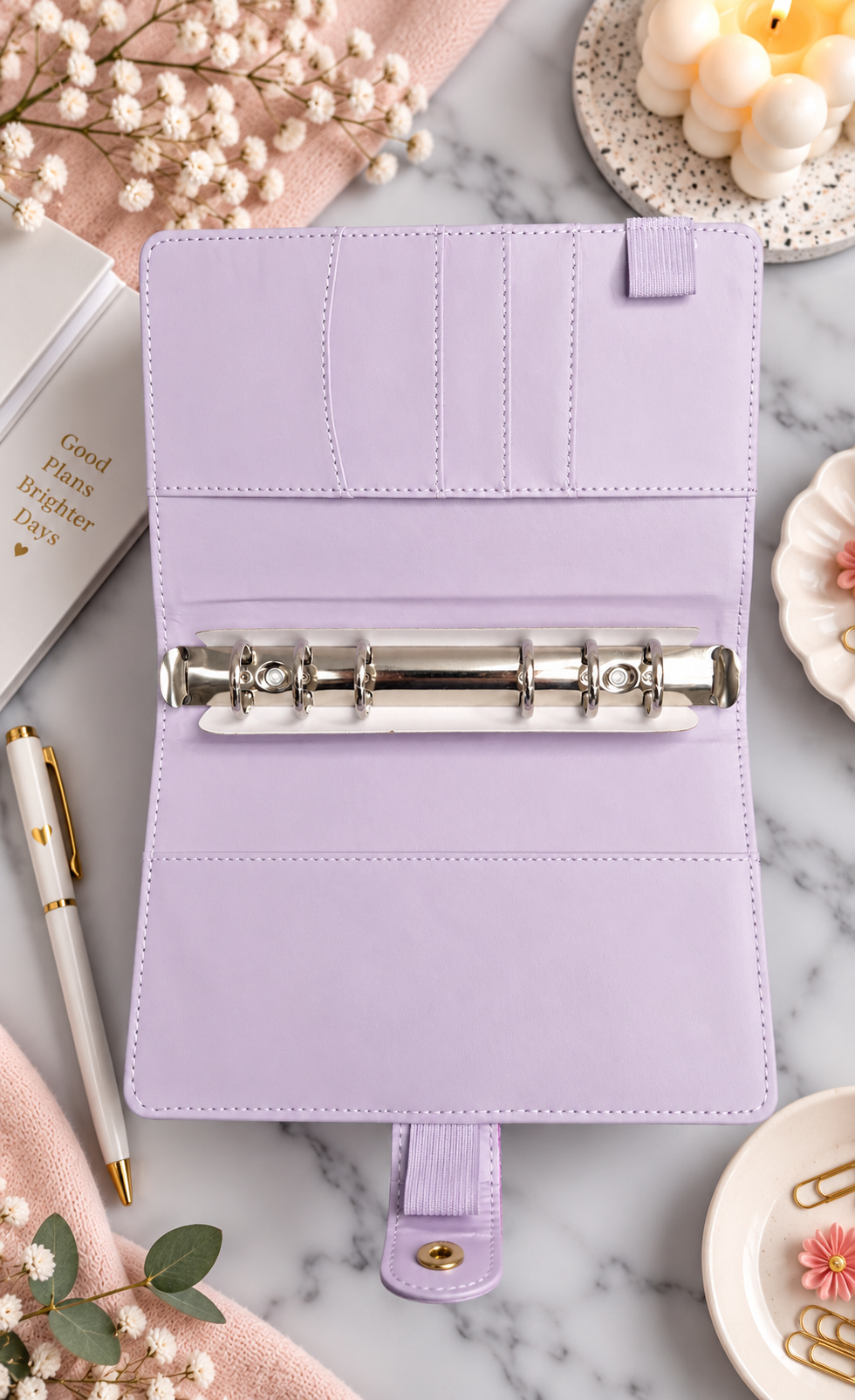 Classeur A6 violet marbre avec 6 enveloppes zip personnalisées