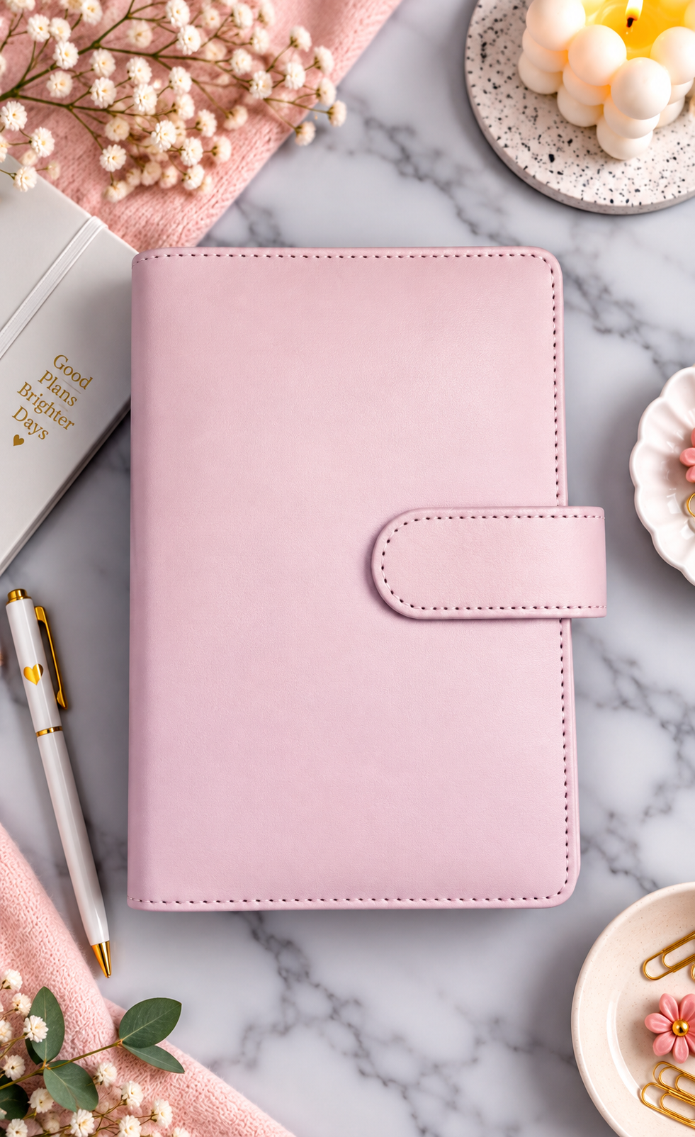 Classeur A6 rose avec 6 enveloppes zip personnalisées