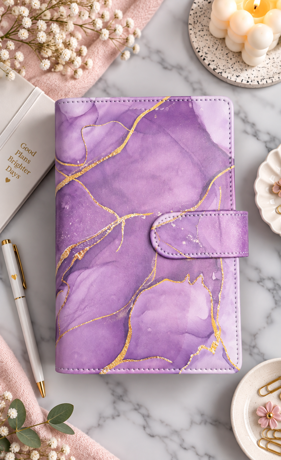 Classeur A6 violet marbre avec 6 enveloppes zip personnalisées