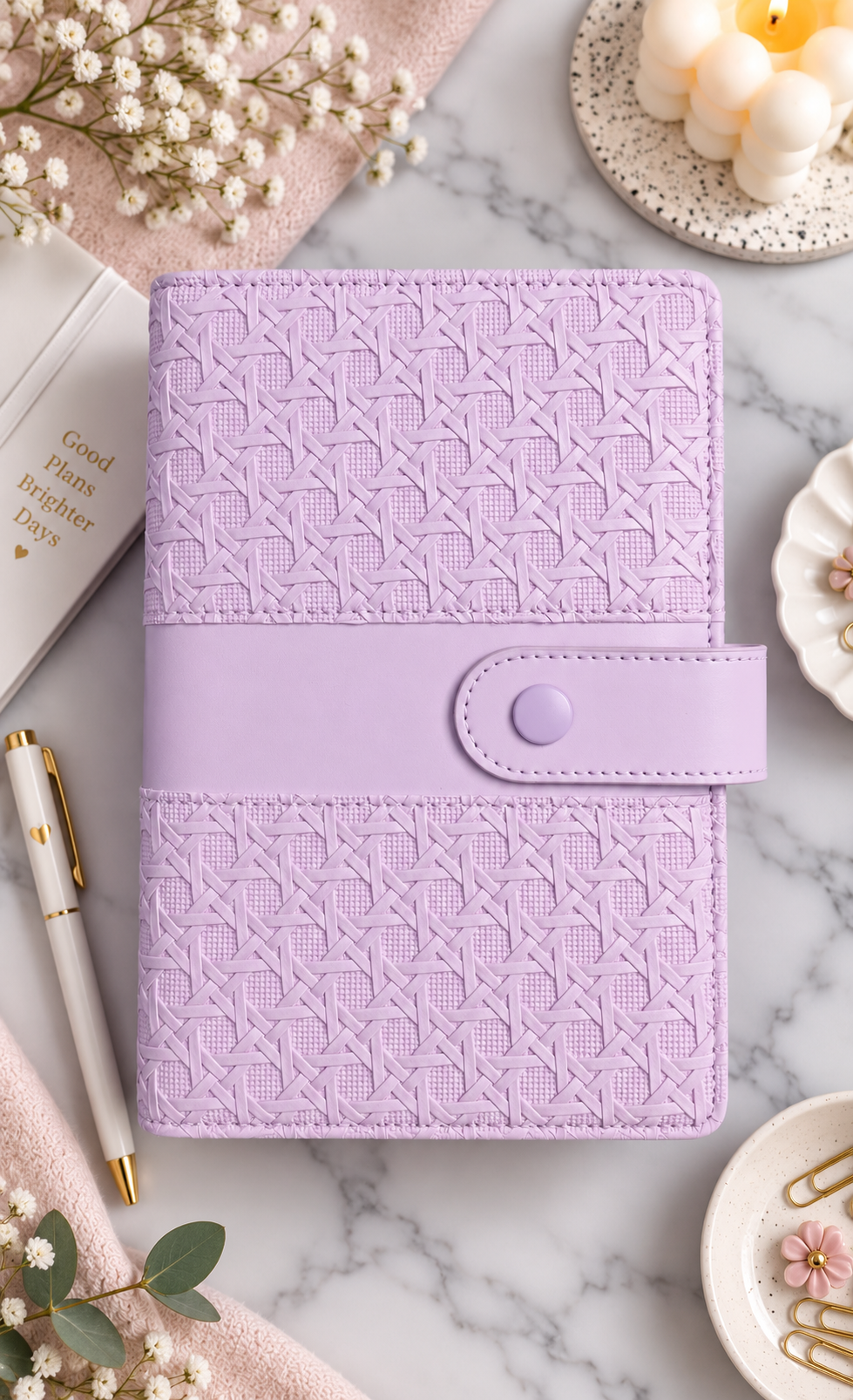 Classeur A6 violet avec 6 enveloppes zip personnalisées