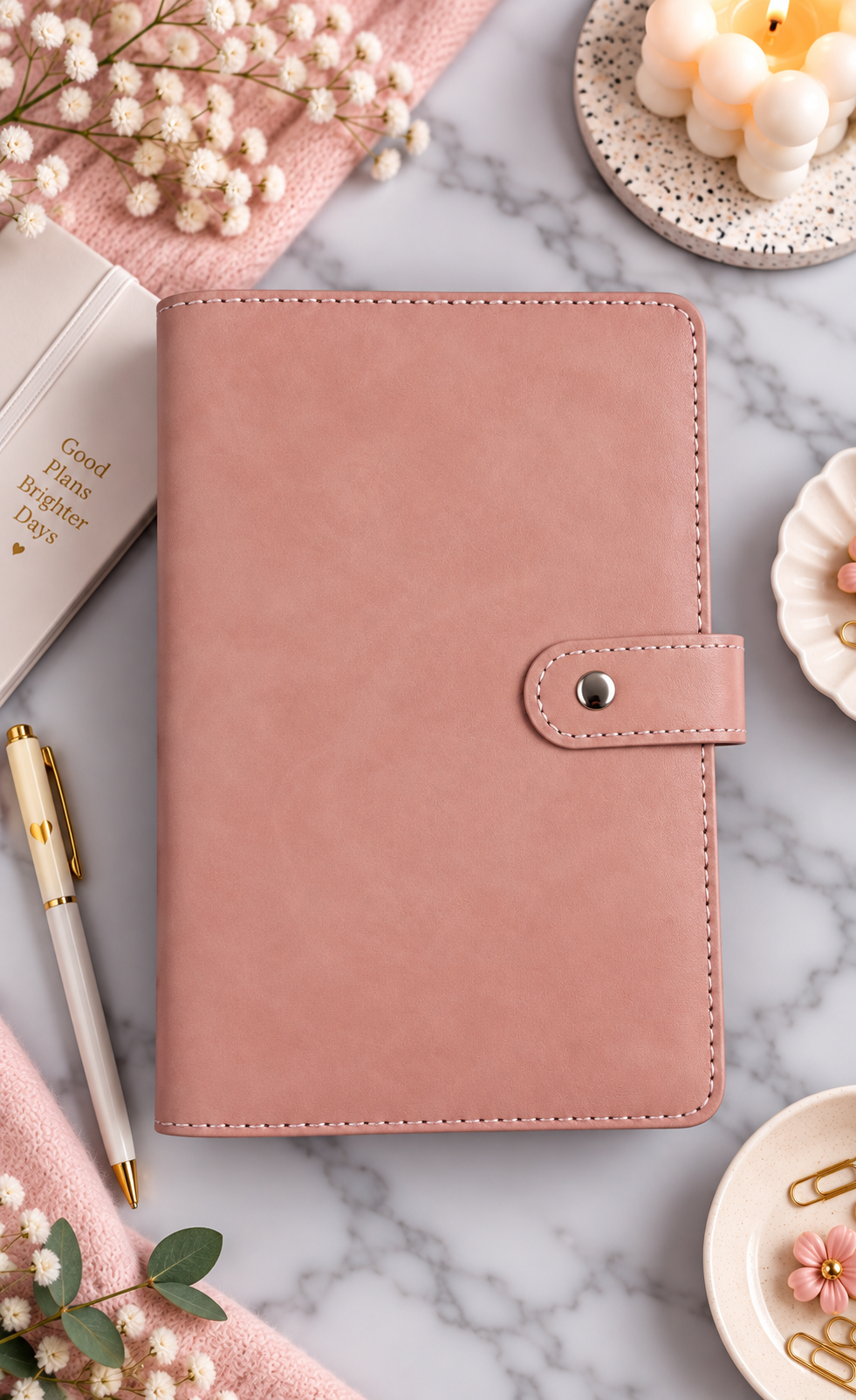 Classeur A6 rose velours avec 6 enveloppes zip personnalisées