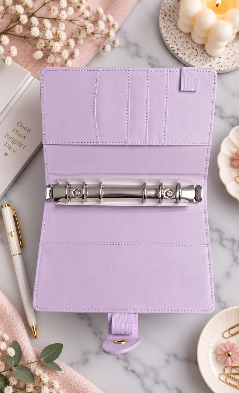 Classeur A6 violet avec 6 enveloppes zip personnalisées