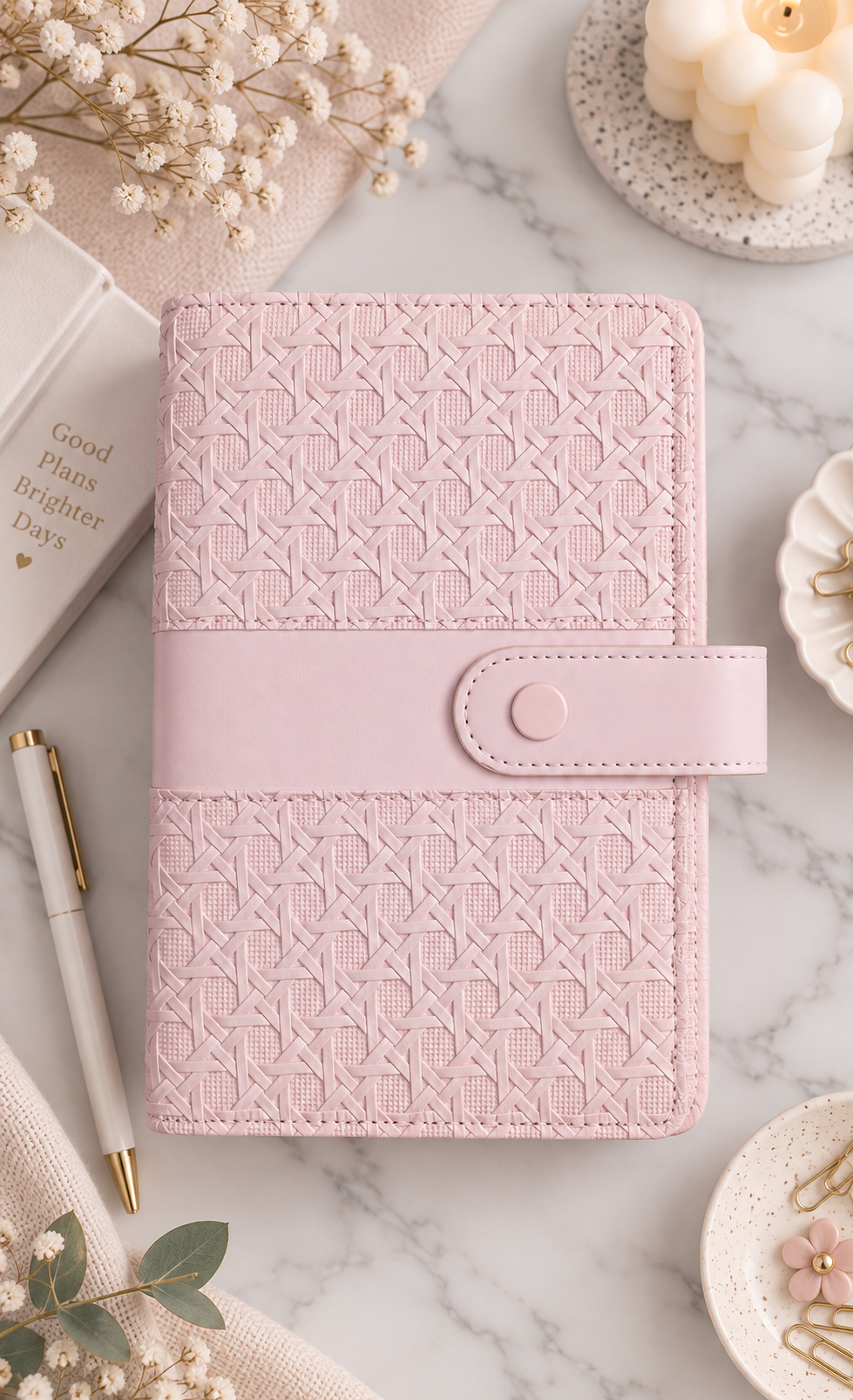 Classeur A6 rose avec 6 enveloppes zip personnalisées