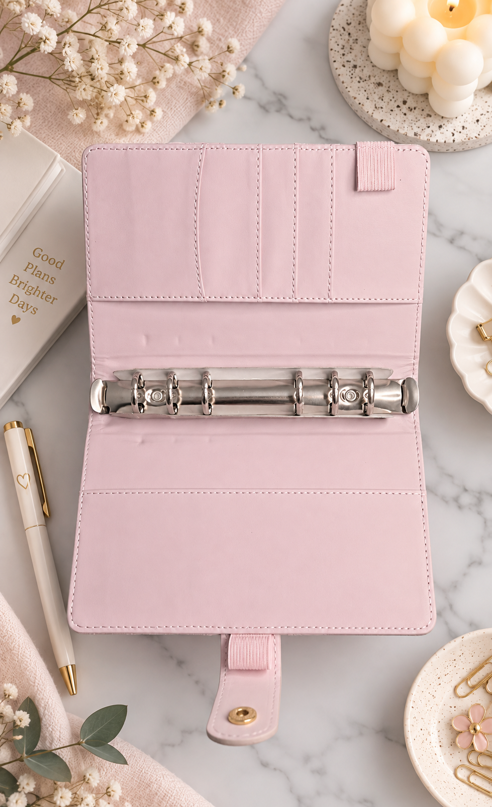 Classeur A6 rose avec 6 enveloppes zip personnalisées