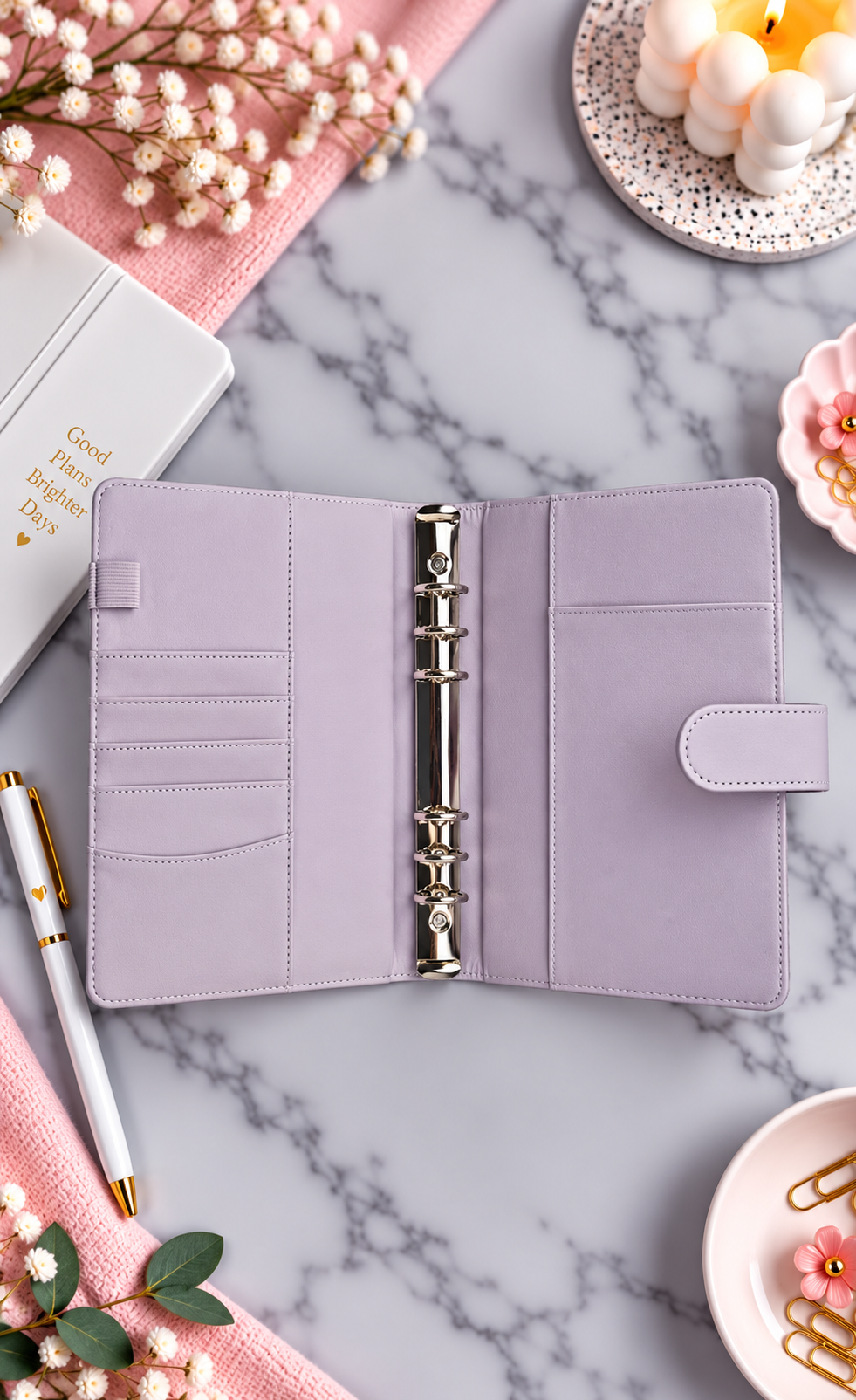 Classeur A5 violet avec 6 enveloppes zip personnalisées