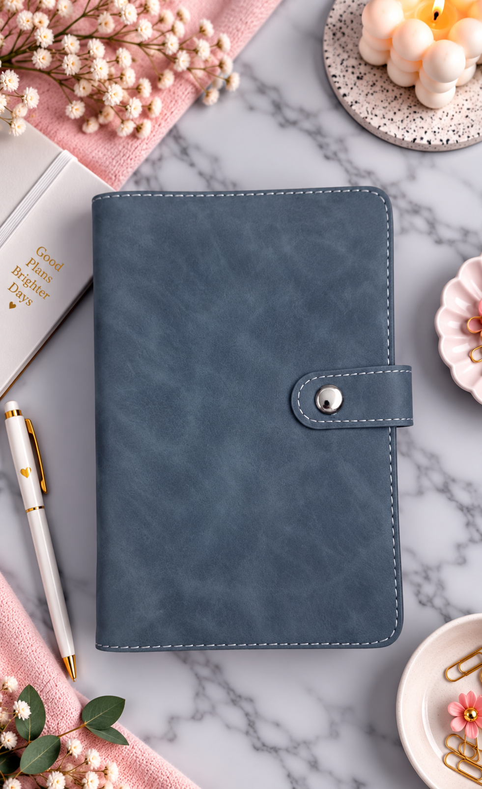 Classeur A6 bleu velours avec 6 enveloppes zip personnalisées